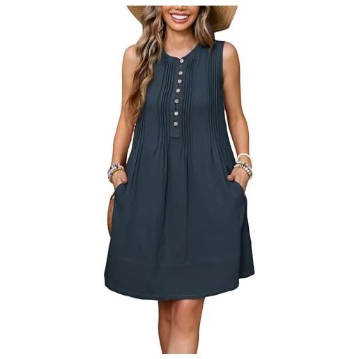 R.Vivimos mini abito estivo da donna crew neck senza maniche impero vita cotone corto swing abito con tasche(s, navyblue)