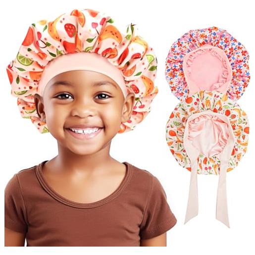 Lolalet bambino cuffia seta capelli notte 2 pezzi, silk bonnet berretto da notte in seta cuffia con fascia elastica per 5 ai 12 anni bambine capelli ricci -fiore-frutto
