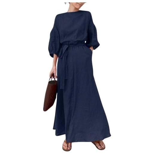 Generico vestito midi casual primaverile da donna 3/4 maniche a lanterna in cotone e lino con cintura abito a vita alta abito da festa elegante estivo da donna (blu, 3xl)