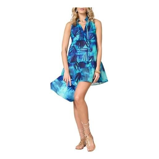 Goldenpoint donna copricostume estivo oasis - abito corto smanicato con scollo rotondo e coulisse per chiusura frontale in cotone fantasia astratta multicolor taglia s colore blu