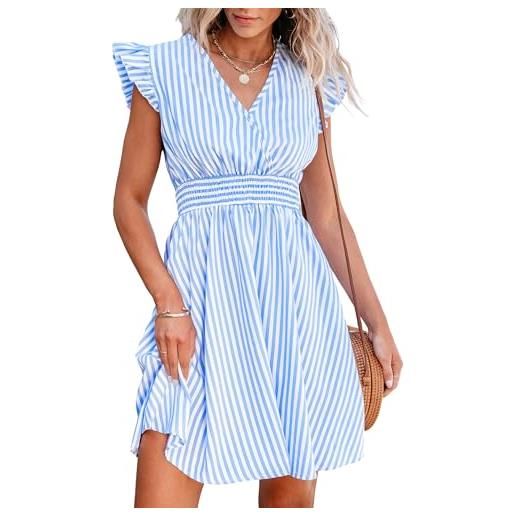 CUPSHE mini abito da donna con scollo a v, maniche svolazzanti, a righe e punto smock in vita, abito corto estivo da cocktail, a righe blu. , m