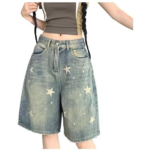 Sawmew pantaloncini in denim stampati y2k da donna a vita media larghi jeans corti fino al ginocchio con tasche blu vintage lavati estivi streetwear per adolescenti(m)