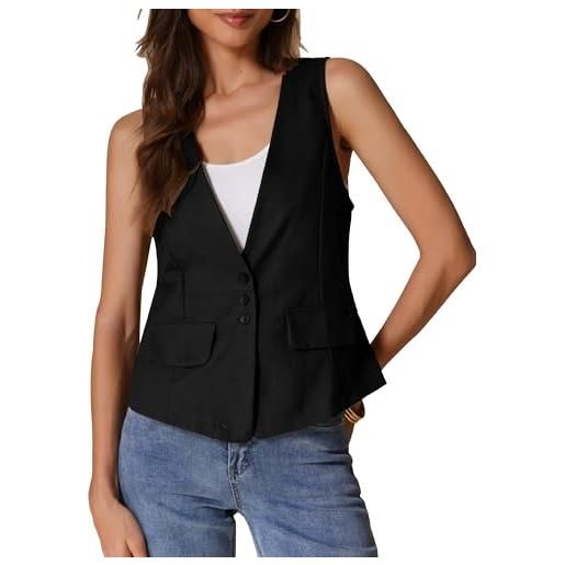 Allegra K donna gilet casual in lino, giacca leggera senza maniche, blazer leggero nero m