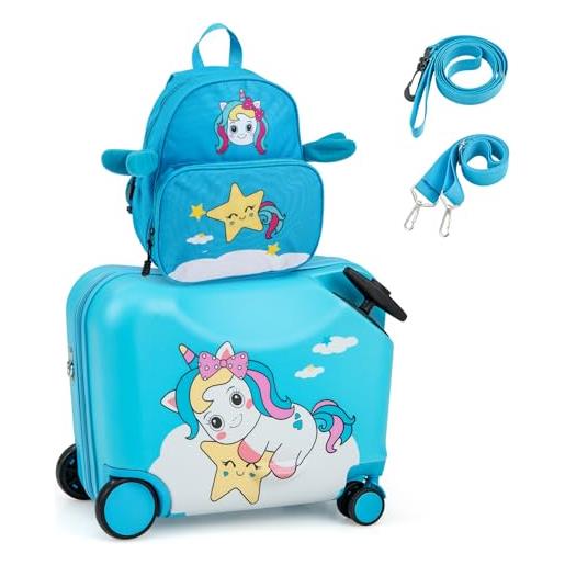 COSTWAY valigia cavalcabile per bambini, 18 valigia+ 12 zaino, 2 pezzi, trolley bambini bagaglio a mano con ruote girevoli e maniglia retrattile, 2 cingie multiuso (modello 2)