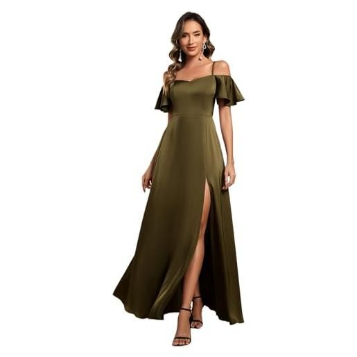 Ever-Pretty abito cerimonia donna elegante lungo raso senza maniche abiti da sera vestito elegante scollo di cuore verde oliva 44