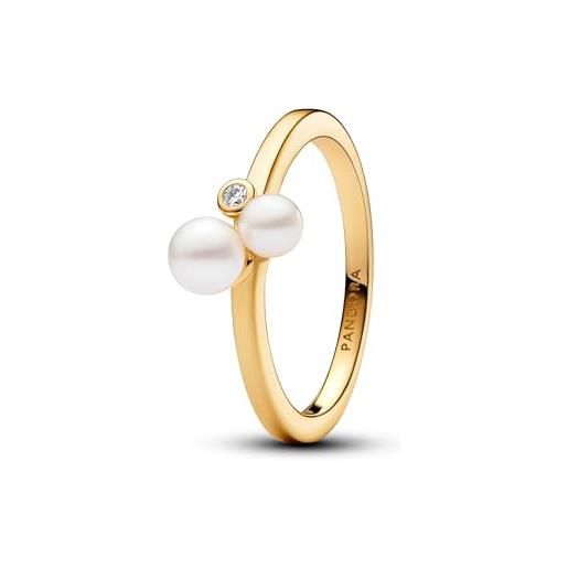 PANDORA timeless anello placcato in oro 14k con perla coltivata d'acqua dolce trattata bianca e zirconi cubici trasparenti, 56