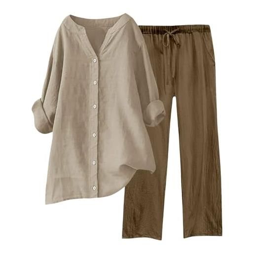 MJGkhiy tuta donna completa cotone estiva manica lunga lino camicia con bottoni + pantaloni larghi completo elegante leggero taglie forti tute da ginnastica 2 pezzi comode sportiva completi offerta