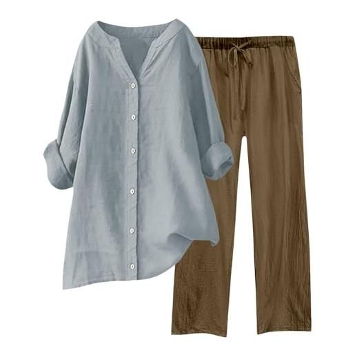 MJGkhiy tuta donna completa cotone estiva manica lunga lino camicia con bottoni + pantaloni larghi completo elegante leggero taglie forti tute da ginnastica 2 pezzi comode sportiva completi offerta