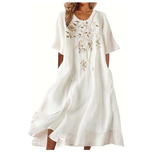 Generic abito lungo da donna in cotone e lino con ricami floreali, abiti da donna in cotone e lino stile bohémien, abiti estivi classici con scollo rotondo e maniche corte (white b, m)