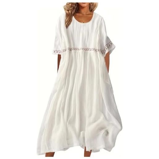 Generic abito lungo da donna in cotone e lino con ricami floreali, abiti da donna in cotone e lino stile bohémien, abiti estivi classici con scollo rotondo e maniche corte (white b, m)