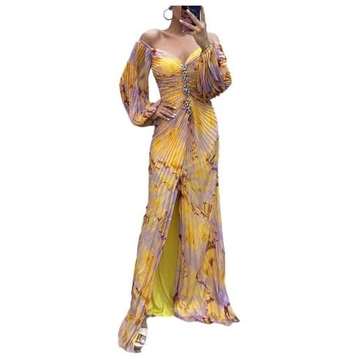 shownicer abito da cerimonia donna vestito lungo sexy manica lunga scollo a v abito elegante vita alta vestito stampato maxi dress da cocktail sera c giallo l