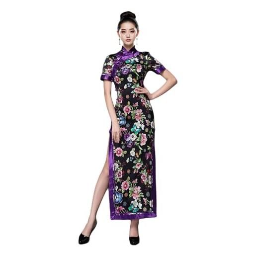 HangErFeng elegante abito cheongsam in seta floreale manica corta spacco alto 3688, nero , l