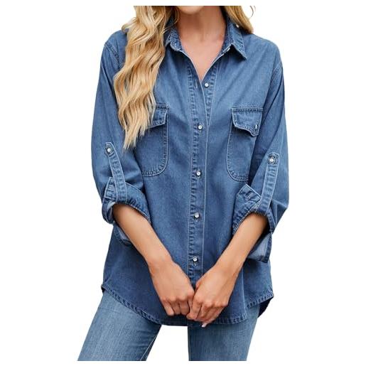 KBOPLEMQ jeanshemd damen western hemden tunika damen langarm button down top damen casual elegant blusenshirt hemdbluse slim fit damenblusen jeanshemd jeans camicia, a05 blu. , xl