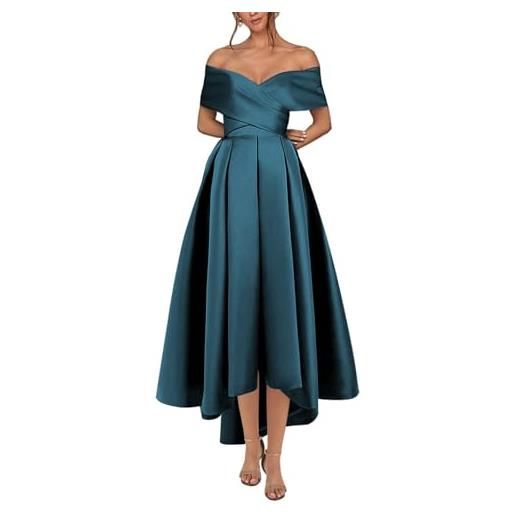 KURFACE abiti da ballo in raso alto basso per le donne pieghe raso ritorno a casa abito corto una linea formale abito, pavone, 44