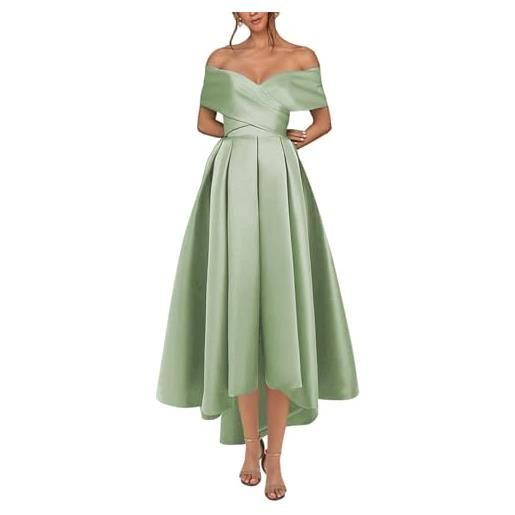 KURFACE abiti da ballo in raso alto basso per le donne pieghe raso ritorno a casa abito corto una linea formale abito, verde salvia, 46