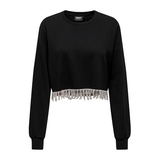 ONLY felpa girocollo con dettagli di strass pendenti all'orlo. (it, testo, l, regular, regular, nero)