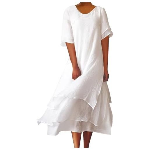 Generic abito da donna, elegante, a maniche corte, per il tempo libero, tinta unita, girocollo, senza bottoni, in cotone e lino, con orlo irregolare, colore blu, bianco, m