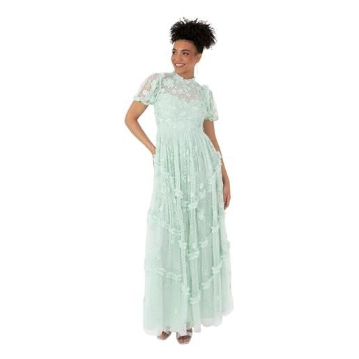 Maya Deluxe women's maxi dress ladies high neck puff sleeve sequin embellished ruffle tulle keyhole back empire a-line bridesmaid, vestito donna, mint green, 