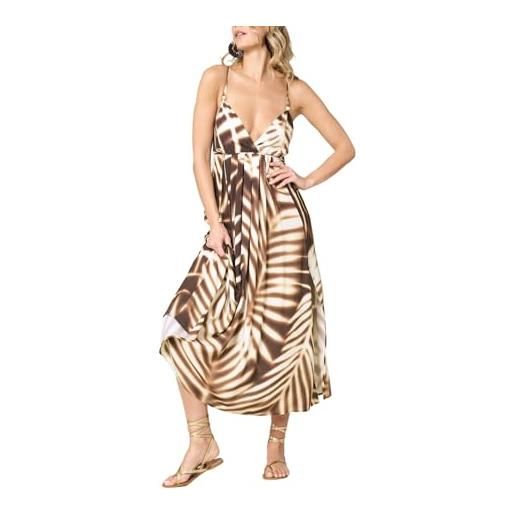 Goldenpoint donna copricostume estivo wild charme - abito lungo smanicato con spalline sottili e cintura con laccetti e perline in viscosa fantasia foliage bicolor taglia m colore marrone e avorio