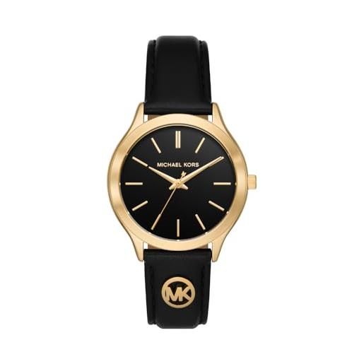 Michael Kors orologio slim runway da donna, movimento al quarzo a tre lancette da 38 mm con cinturino in pelle, 38 mm, nero e oro