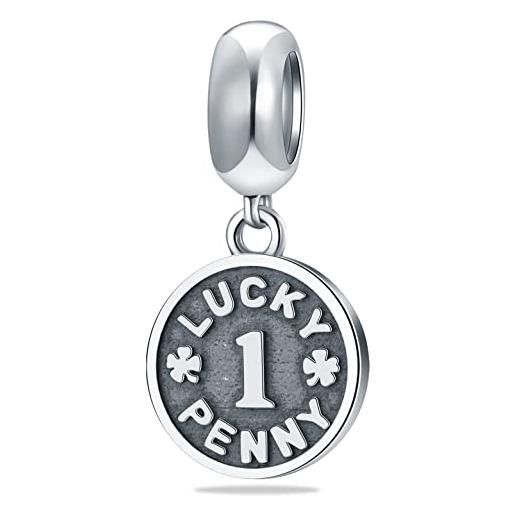 CRISNATA fortunato penny 1 ciondolo moneta, fit pandora collana bracciale, 925 argento sterling cerchio rotondo numero 1 con quattro foglie trifoglio bead, regalo per i migliori amici/mamma/sorella