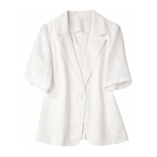 GIBZ blazer donna estivo in lino leggera casual giacca da abito manica corta tinta unita risvolto con tasche bianco l