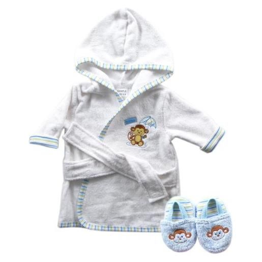 Luvable Friends woven terry baby accappatoio con pantofole blu blue monkey 0-9 mesi