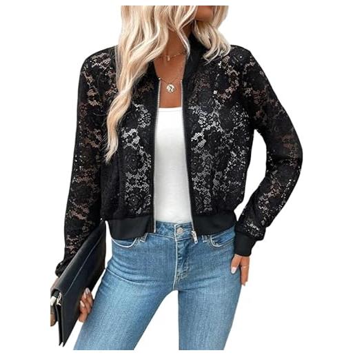 KIJSKKOPO cardigan donna, giacca bomber in pizzo da donna, nera manica lunga trasparente con cerniera in pizzo con fiore di rosa giacca corta estate vestibilità aderente top leggeri cappotto elegant