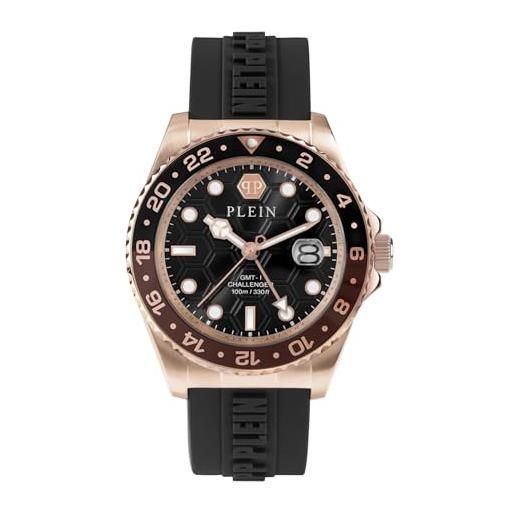 Philipp Plein orologio da uomo analogico al quarzo gmt-i challenger, nero/oro rosa, moderno