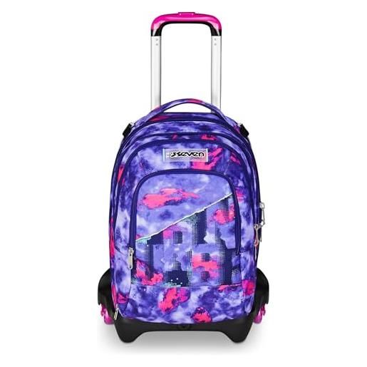 Seven trolley scuola jack 3 ruote detach, viola, zaino con carrello sganciabile da 37 litri, tasca borraccia, zainetto staccabile, multiuso e spazioso, per elementari e media, bambina
