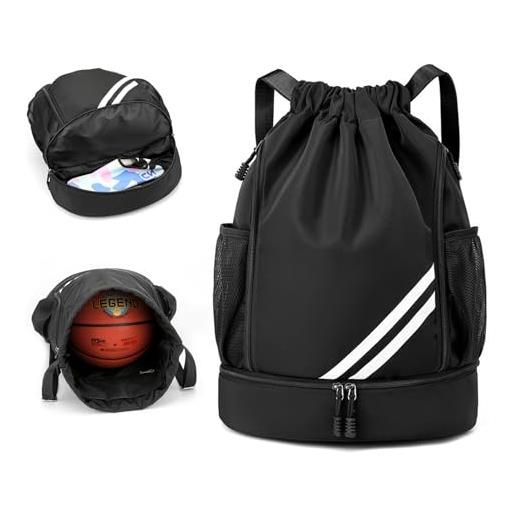 SCBOY sacca sportiva con coulisse regolabile zaino palestra alla moda con tasca in rete per bottiglia d'acqua con scomparto per le palline adatto a zaino palestra uomo, donna, adolescentisacca