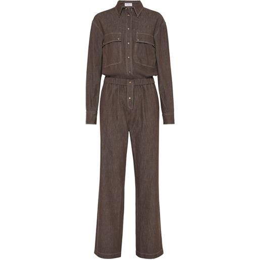 Brunello Cucinelli tuta intera denim in cotone - marrone