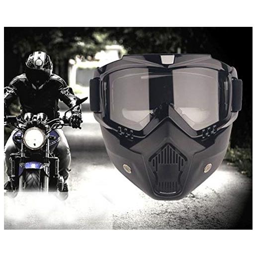 AOI maschera per occhiali da moto con maschera rimovibile, maschera da motocross per moto con occhiali rimovibili e filtro bocca per caschi vintage (montatura nera, lenti grigie)