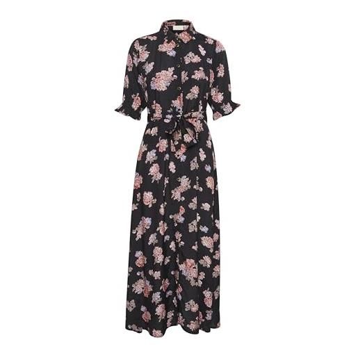 Kaffe maxi abito da donna con cravatta in vita maniche a 3/4 colletto classico bottoni frontali vestito casual, nero deep, 42