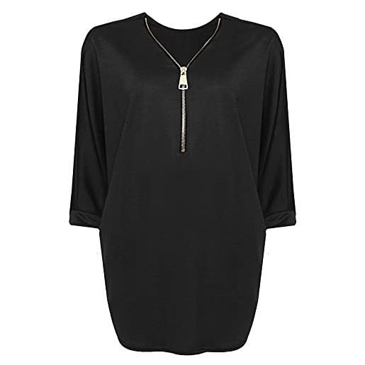 Fashion Mark camicetta da donna con orlo curvo e maniche a pipistrello, con zip e scollo a v, taglie forti, nero , 56-58