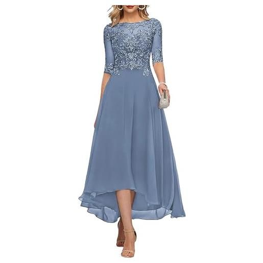 KURFACE, abito da sera da donna, in pizzo e applique, lunghezza tè, madre della sposa, per matrimonio, con maniche lunghe, in chiffon, elegante, verde smeraldo, 44