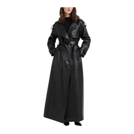 Generic primavera autunno extra lungo marrone in pelle pu trench cappotto per le donne fasce soprabito, nero , m