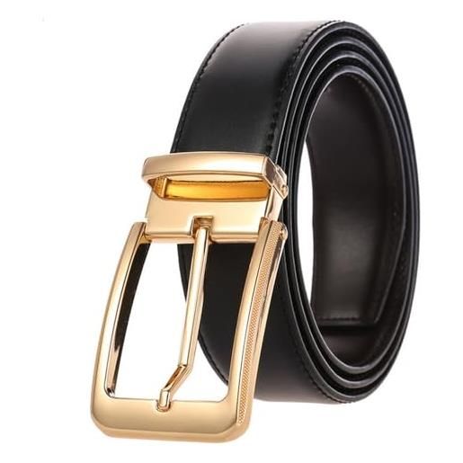 JUJNTNT cintura casual da uomo con fibbia in lega d'oro, cintura per pantaloni da uomo in pelle naturale, cintura in vita, fibbia dorata nera, 125 cm