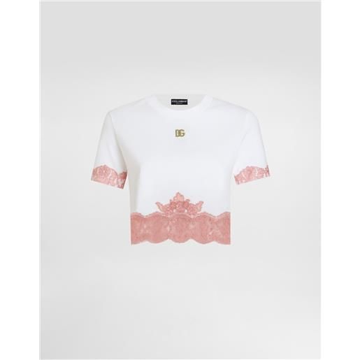 Dolce & Gabbana t-shirt cropped in jersey con inserti in pizzo e logo dg