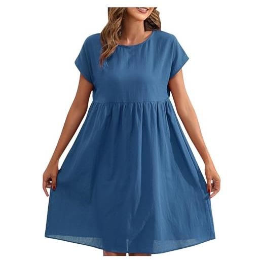 Ybing abito in lino da donna, lunghezza al ginocchio, a vita alta, in mussola, elegante, in cotone, lino, tinta unita, girocollo, sottile, a maniche corte, in tulle, leggero, linea ad a, comodo, per il