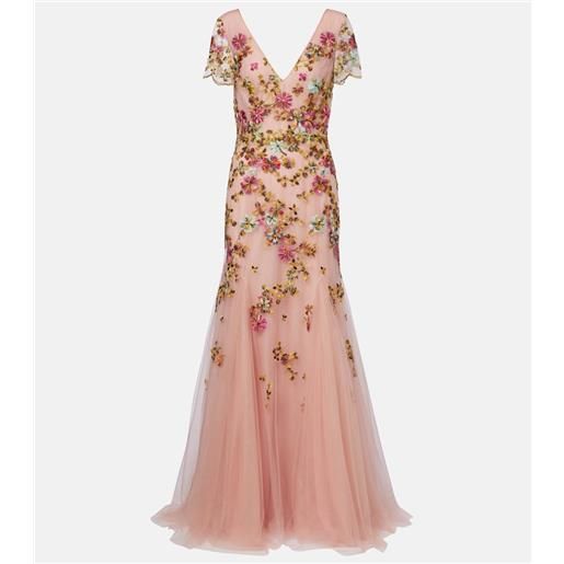 Costarellos abito lungo godet in tulle con ricamo