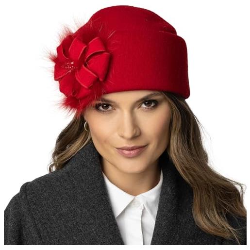 Vivisence cappello donna elegante fatto a mano in cashmere con decorazione laterale e cristalli antistatico perfetto per l'inverno idea regalo unica, rosso, taglia unica