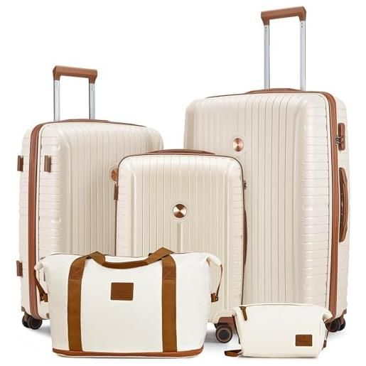 Joyway set di valigie 5 pezzi a guscio rigido in pp leggero con 4 ruote e serratura tsa il set di valigie contiene 1 borsa da viaggio e 1 borsa da toilette bianco