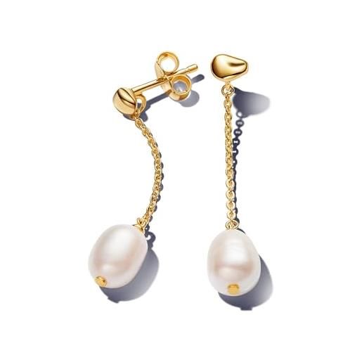 PANDORA essence orecchini a bottone placcati in oro 14k con perla coltivata d'acqua dolce trattata bianca barocca, orecchini a goccia lunghi