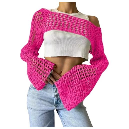 Generic top corto da donna in rete all'uncinetto, sexy a maniche lunghe, traforato, per la spiaggia, rosa, l