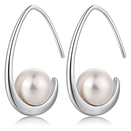 Orecchini Pendenti In Argento Sterling 925 Con Perle Bianche - Philip Jones - 22 Mm X 8 Mm - Chiusura A Gancio Francese