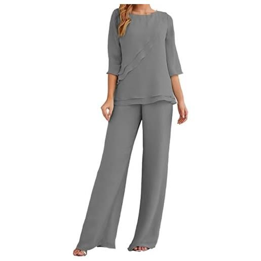 Botong 2 pezzi madre della sposa pantaloni per matrimonio chiffon donna abito formale serale festa, grigio, 12