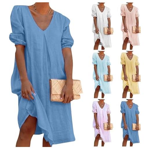Generic abito tunica con maniche a sbuffo e scollo a v, abito lungo estivo in cotone e lino con maniche corte, abiti midi casual larghi e tinta unita per le vacanze estive e la spiaggia (blue, 3xl)