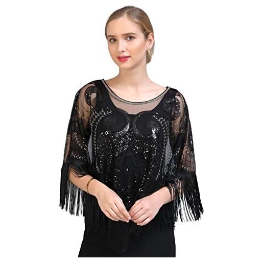 GIBZ donna scialle con nappine per abito da sera glitterato coprispalle vintage extra large stole, nero
