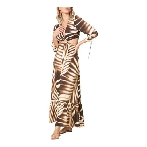 Goldenpoint donna copricostume estivo wild charme - abito lungo a maniche lunghe con anello e maxi balza in viscosa fantasia foliage bicolor taglia m colore marrone e avorio